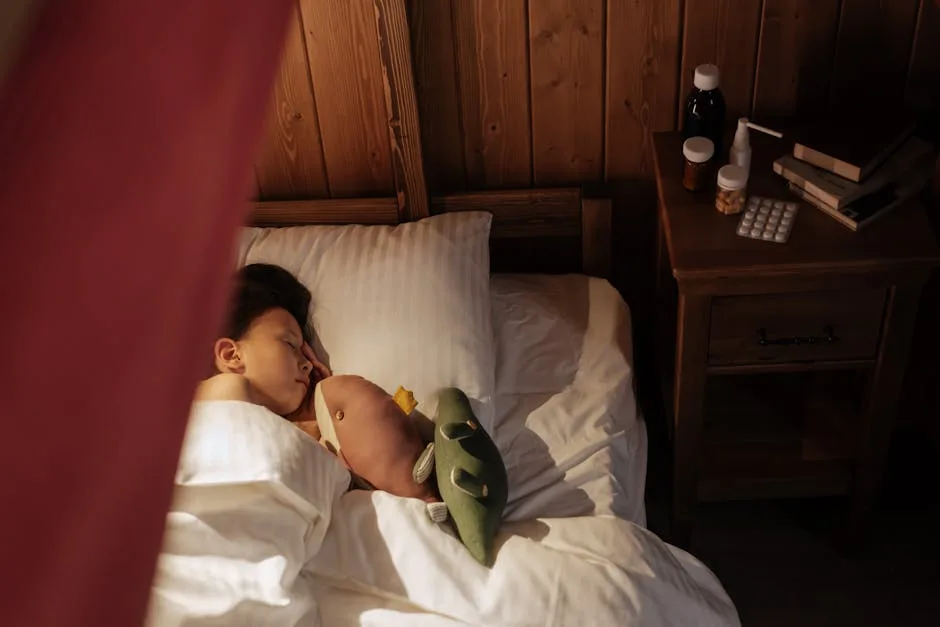 A child sleeps peacefully with plush toys in a cozy wooden bedroom setting at night.