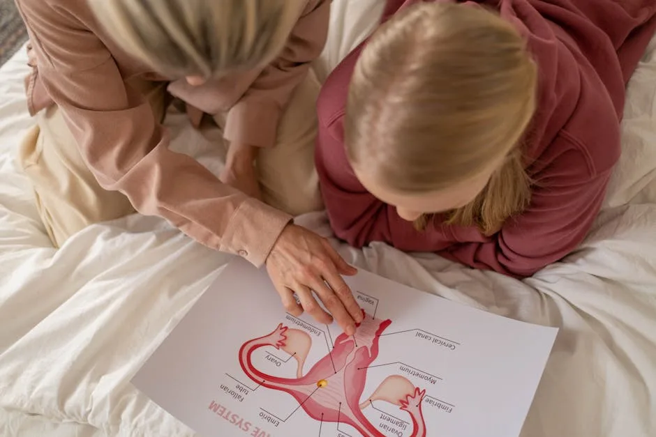 Mother and daughter studying reproductive system illustration for sex education at home.