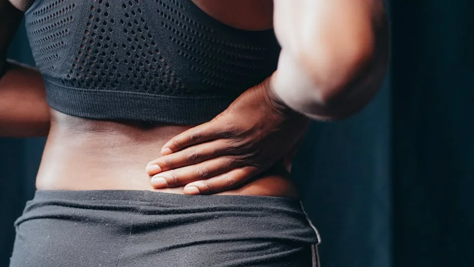 An adult of African descent holding their lower back in pain, indicating discomfort or injury.