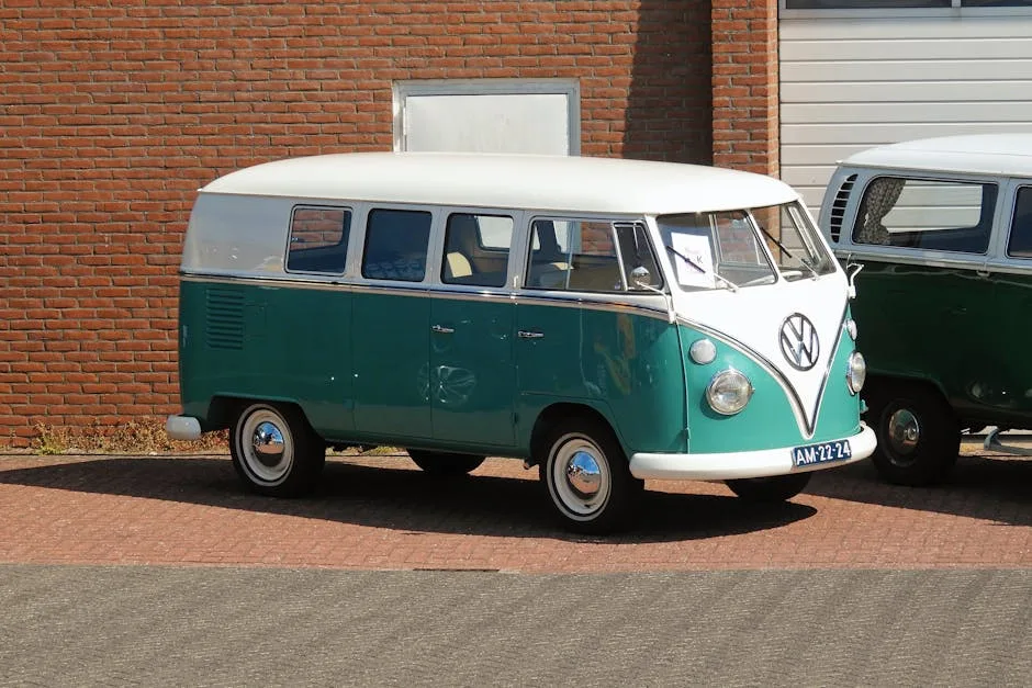 Classic Volkswagen camper van parked outdoors against a brick wall, showcasing retro charm.