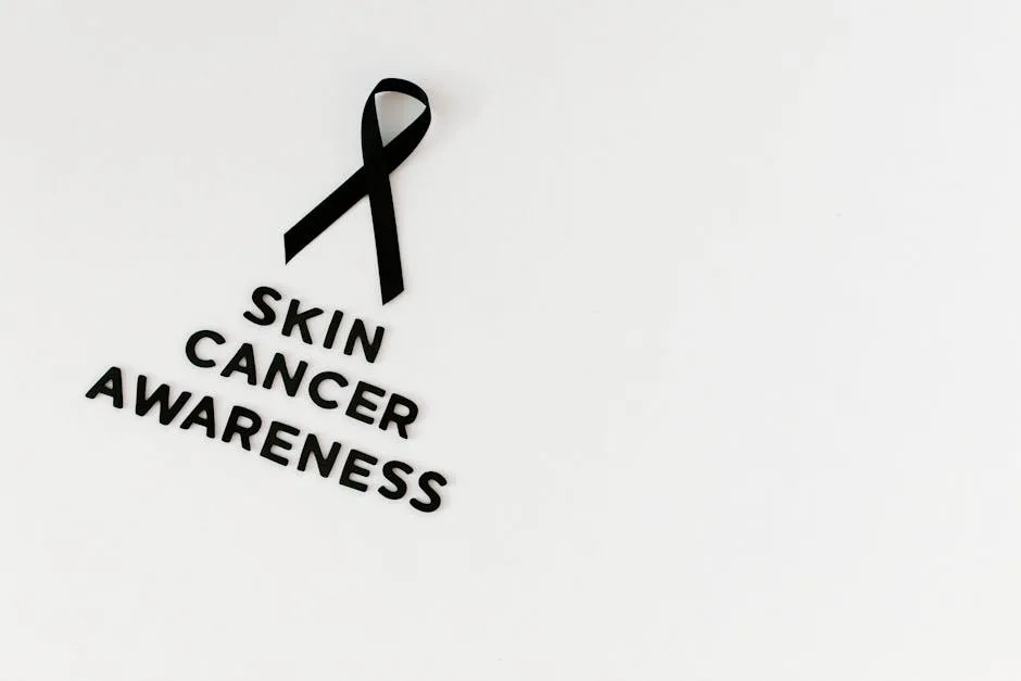 Black ribbon and text promoting skin cancer awareness on a white background.