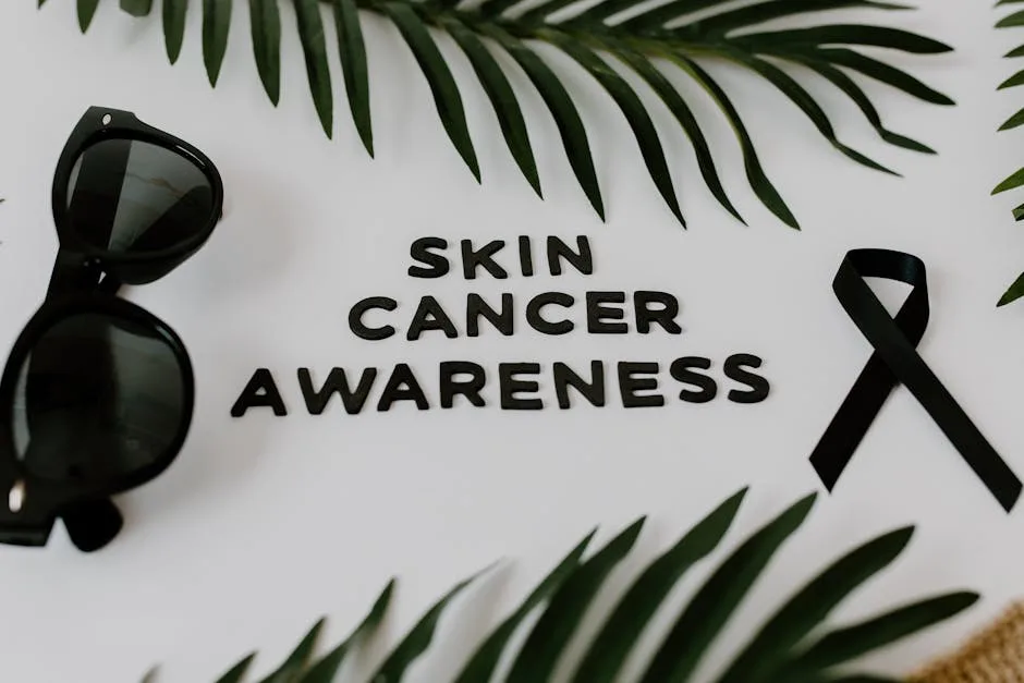 Flat lay of sunglasses, black ribbon, and palm leaves promoting skin cancer awareness.