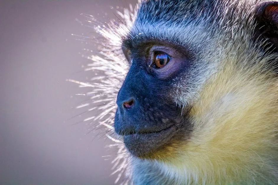 Detailed side profile of a vervet monkey with striking facial features, captured in South Africa's natural habitat.