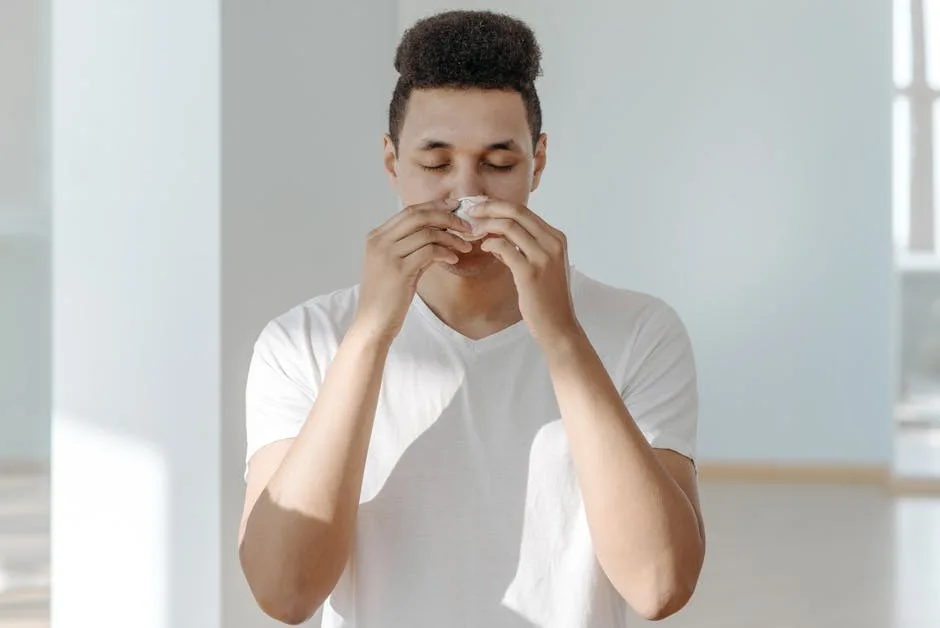 A man sneezing into a tissue, illustrating symptoms of flu or allergies.