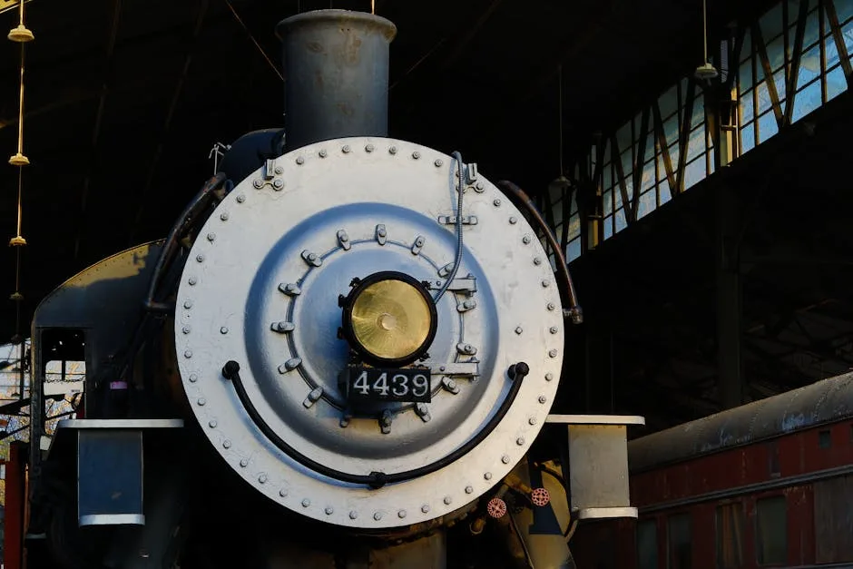 Close-up of a vintage steam locomotive numbered 4439 inside a railway shed highlighting historical engineering.