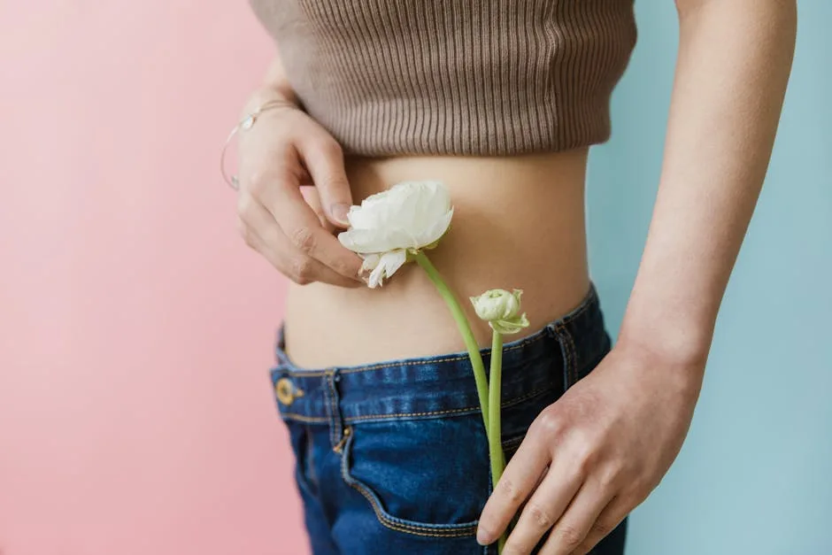 Fashionable woman in jeans and crop top holding a white flower against pink and blue backgrounds.