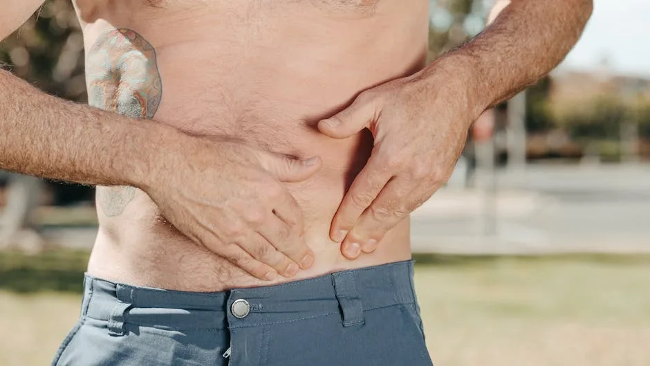 A tattooed, topless man touching his stomach outdoors, focusing on body awareness and self-care.