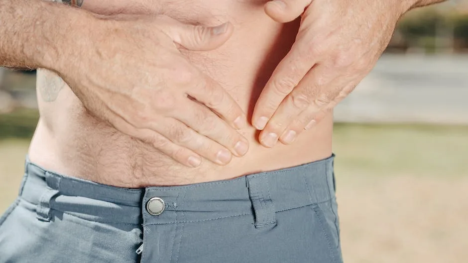 A person holding their abdomen, indicating possible discomfort or injury.